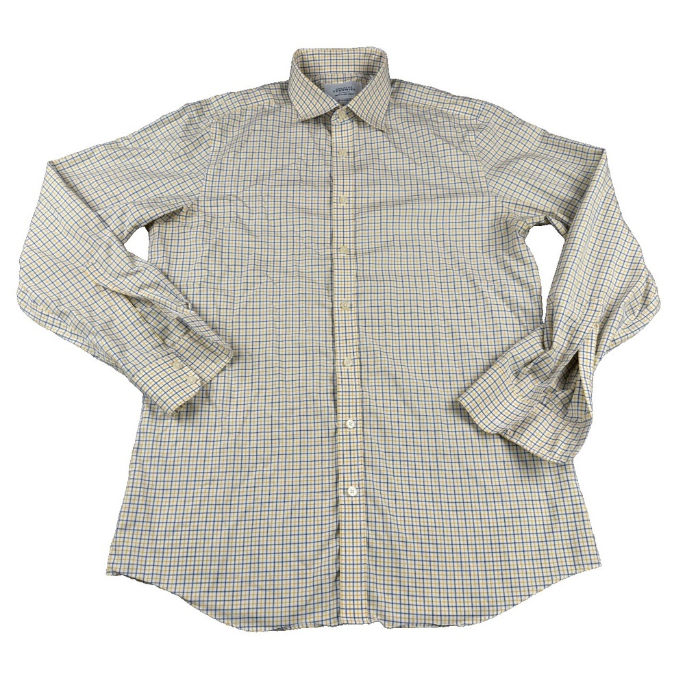 Charles Tyrwhitt Men's Dress Shirt 16.5 36 Yellow Blue Check Non Iron Slim Fit
